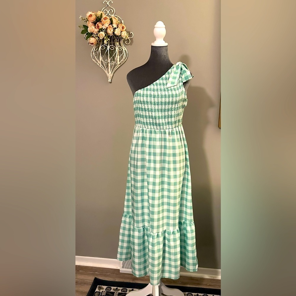One Shoulder Green Gingham Dress